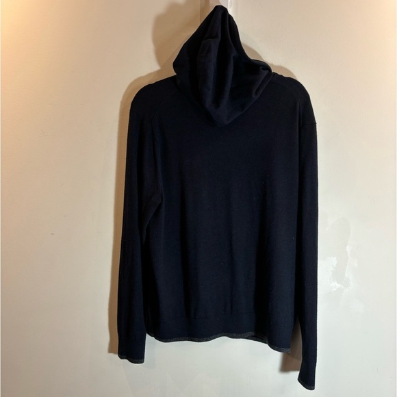 CLUB MONACO Sz  L 100% Merino Wool Navy Grey Drawstring Hooded Zip Up Cardigan - Picture 2 of 12
